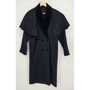 Vintage long black 80% wool double-breasted jacket with embellished‎ capelet